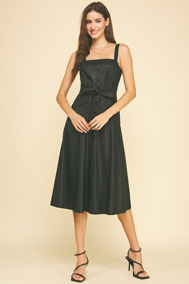 PU Leather Faux Button Down Midi Dress