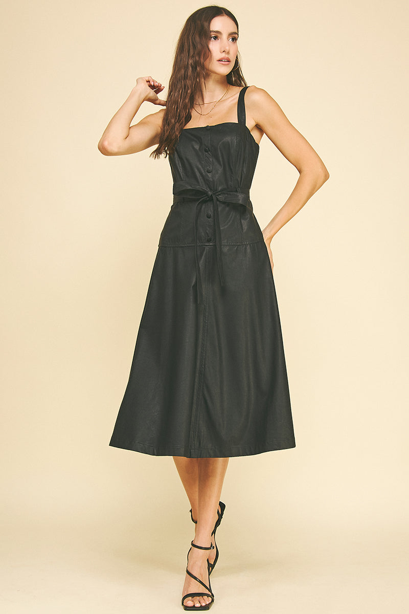 PU Leather Faux Button Down Midi Dress