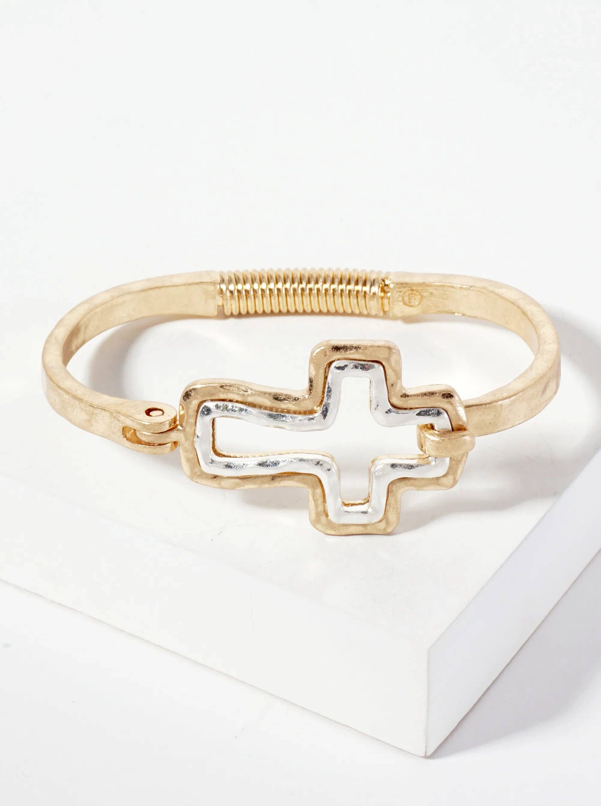 Hammered-Texture Metal Dual-Tone Cross-Shaped Hook-Clasp Hinged Bracelet