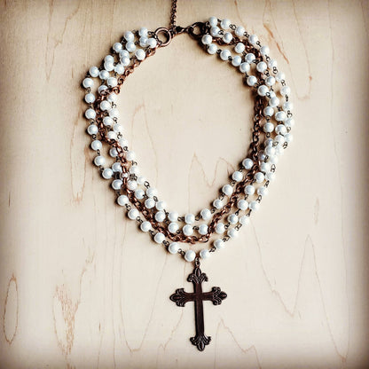 Pearl and Copper Beaded Collar Necklace with Copper Cross