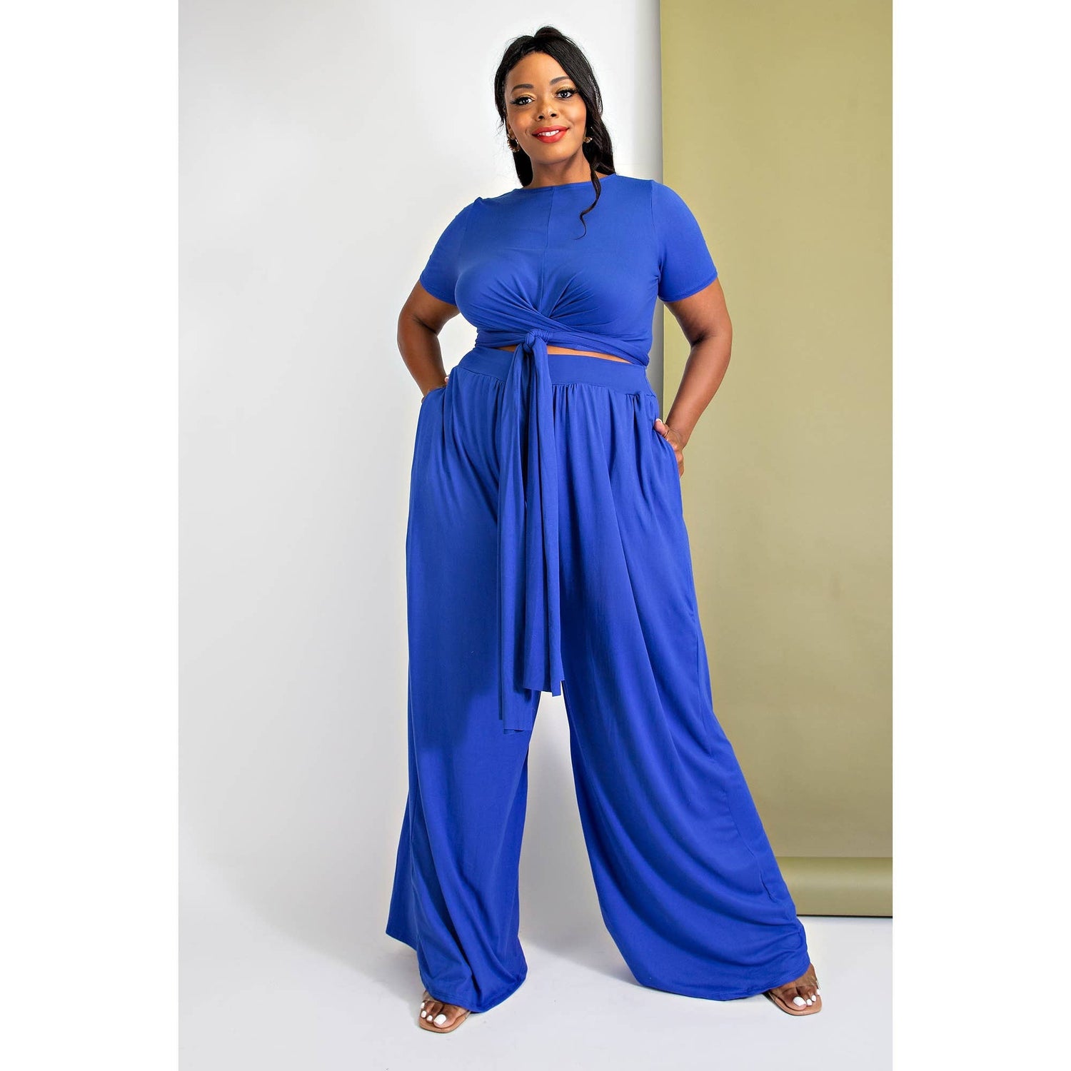 PLUS SIZE WRAP AROUND SHORT SLEEVE TOP N PANTS SET