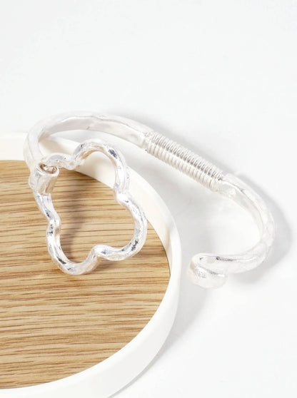 Hammered Metal Quatrefoil Hook Clasp Hinged Bracelet