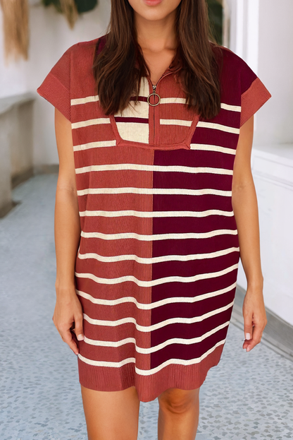 Stripe Color Block Short Sleeve Quarter Zip Mini Sweater