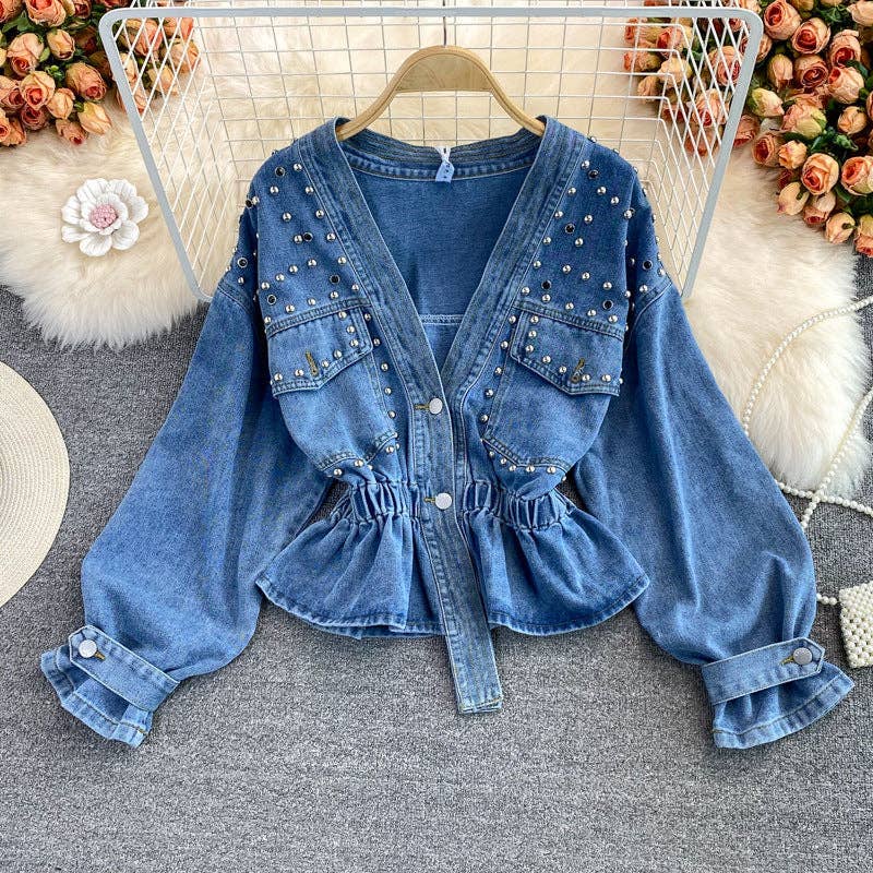 Women Fashion Beaded V-Neck Long Sleeve Denim Jacket