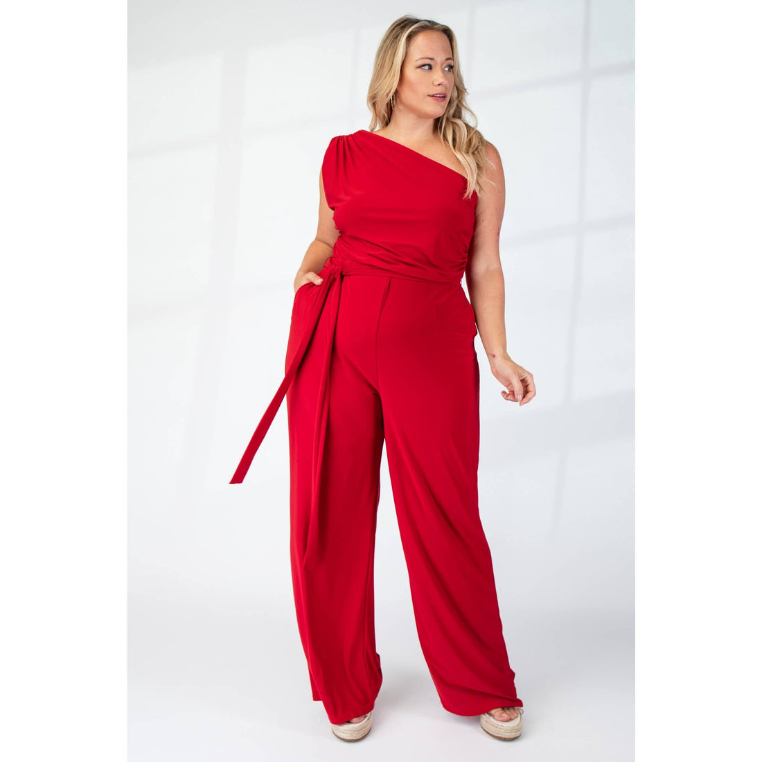 PLUS SIZE PRT KNIT ONE SHOULDER JUMPSUIT