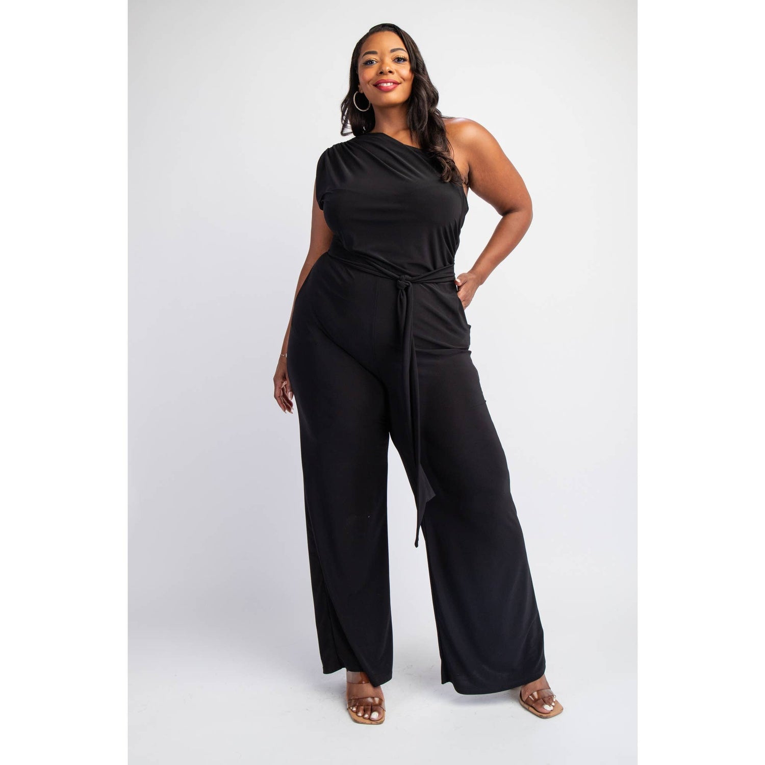 PLUS SIZE PRT KNIT ONE SHOULDER JUMPSUIT