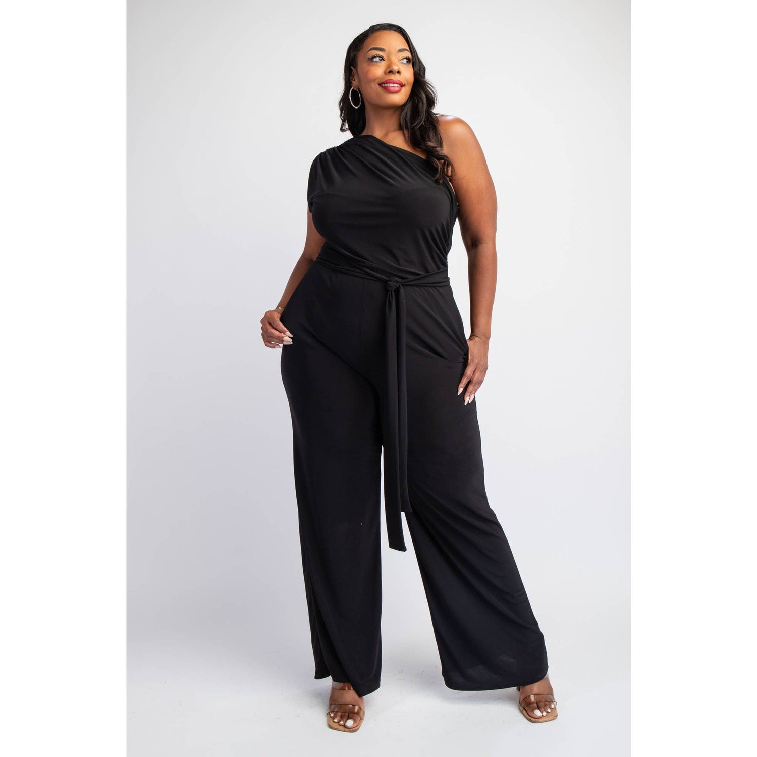 PLUS SIZE PRT KNIT ONE SHOULDER JUMPSUIT