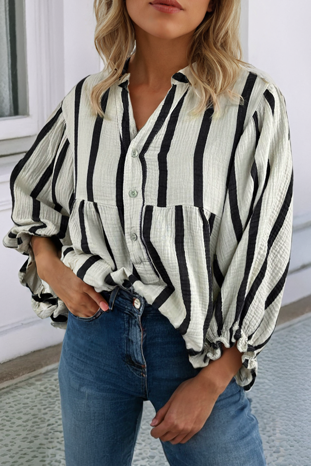 Stripe Textured Ruffled Sleeve Button up Loose Shirt