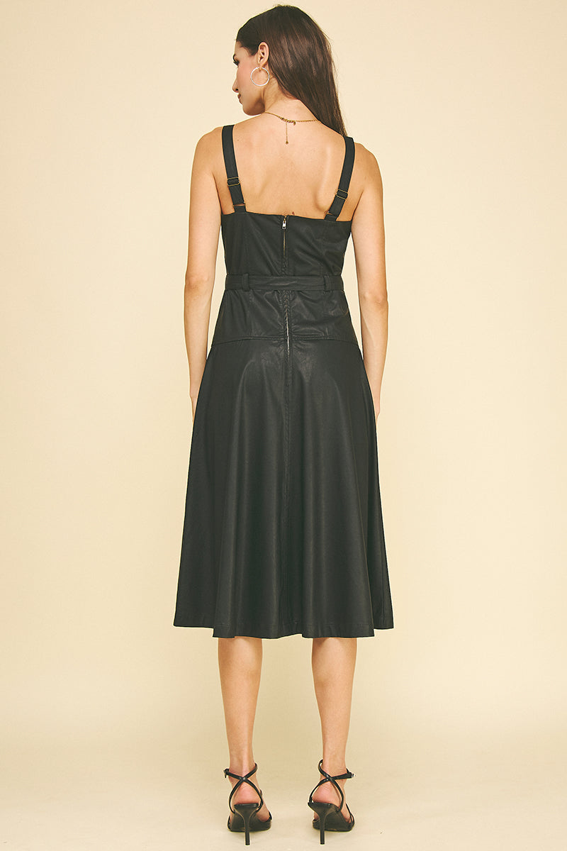 PU Leather Faux Button Down Midi Dress