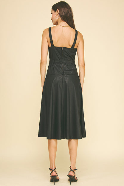PU Leather Faux Button Down Midi Dress