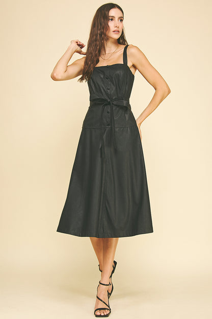 PU Leather Faux Button Down Midi Dress