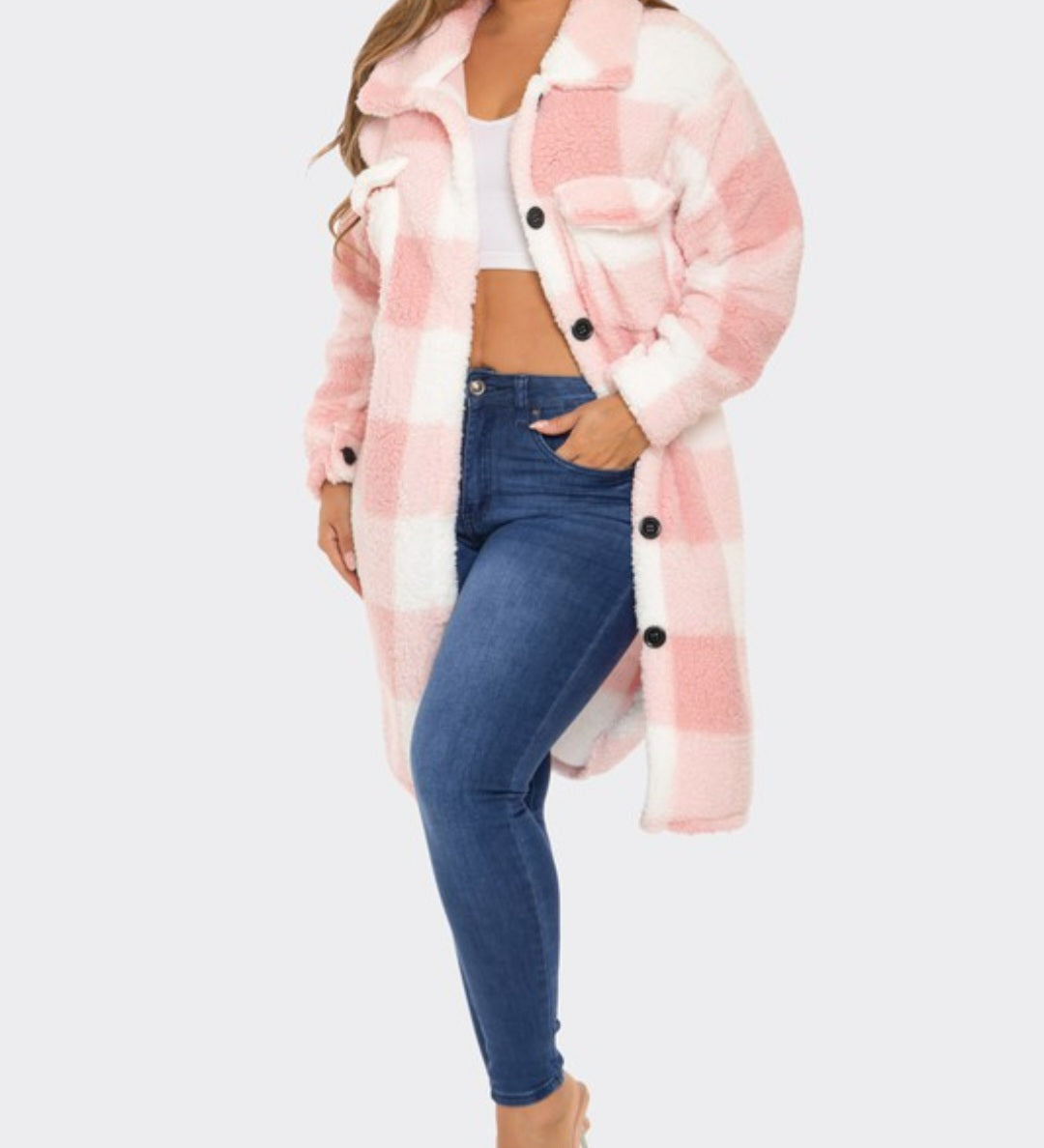 Checkered Pink Long Sleeve Button Up Jacket