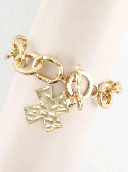 Chunky Hammered Cross Charm Toggle Link Bracelet