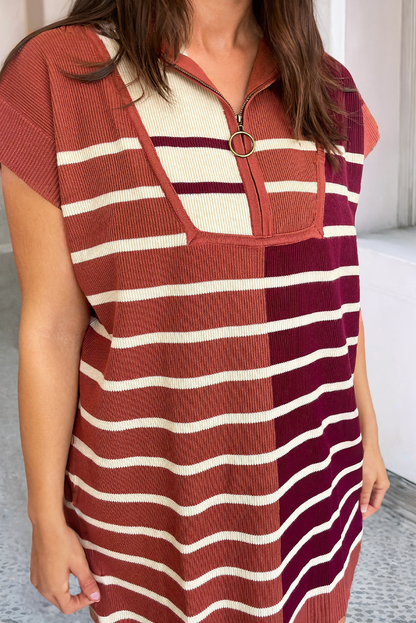 Stripe Color Block Short Sleeve Quarter Zip Mini Sweater