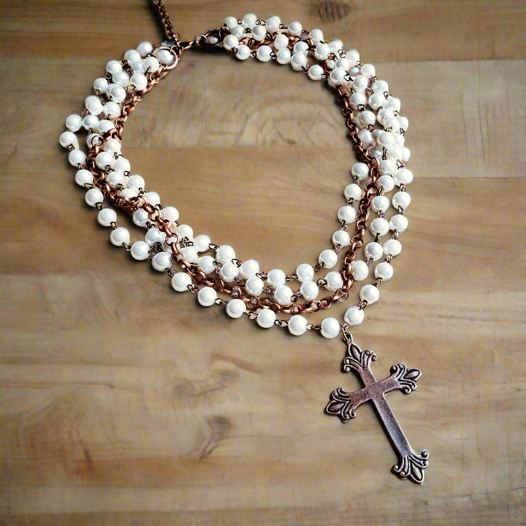 Pearl and Copper Beaded Collar Necklace with Copper Cross