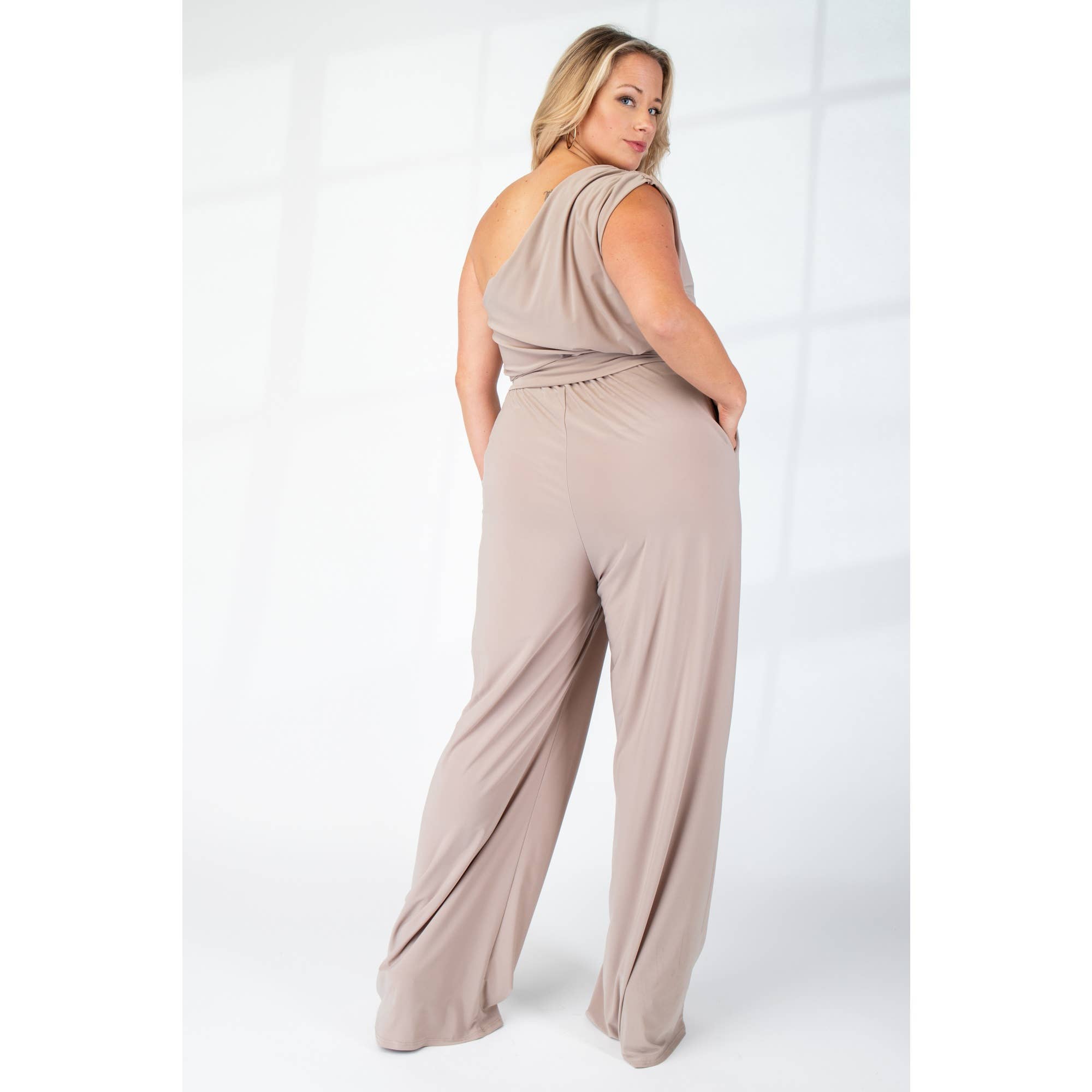 PLUS SIZE PRT KNIT ONE SHOULDER JUMPSUIT