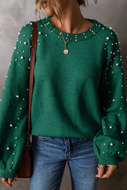 Long Sleeve Round Neck Pearl Pullover Sweater