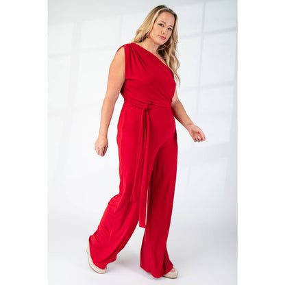 PLUS SIZE PRT KNIT ONE SHOULDER JUMPSUIT