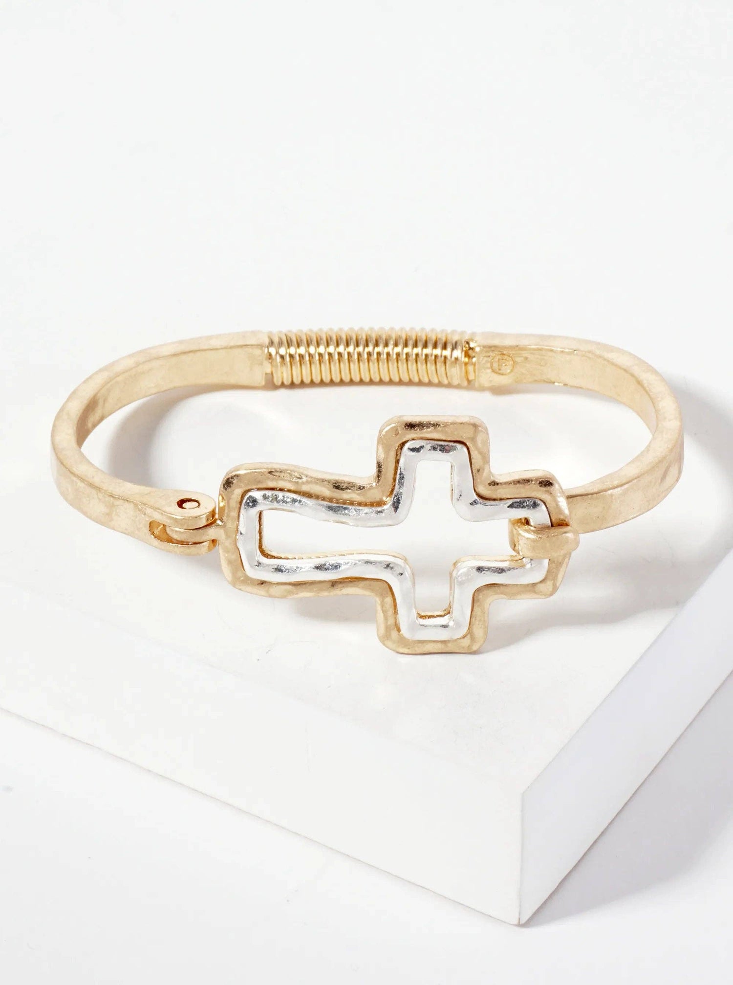 Hammered-Texture Metal Dual-Tone Cross-Shaped Hook-Clasp Hinged Bracelet