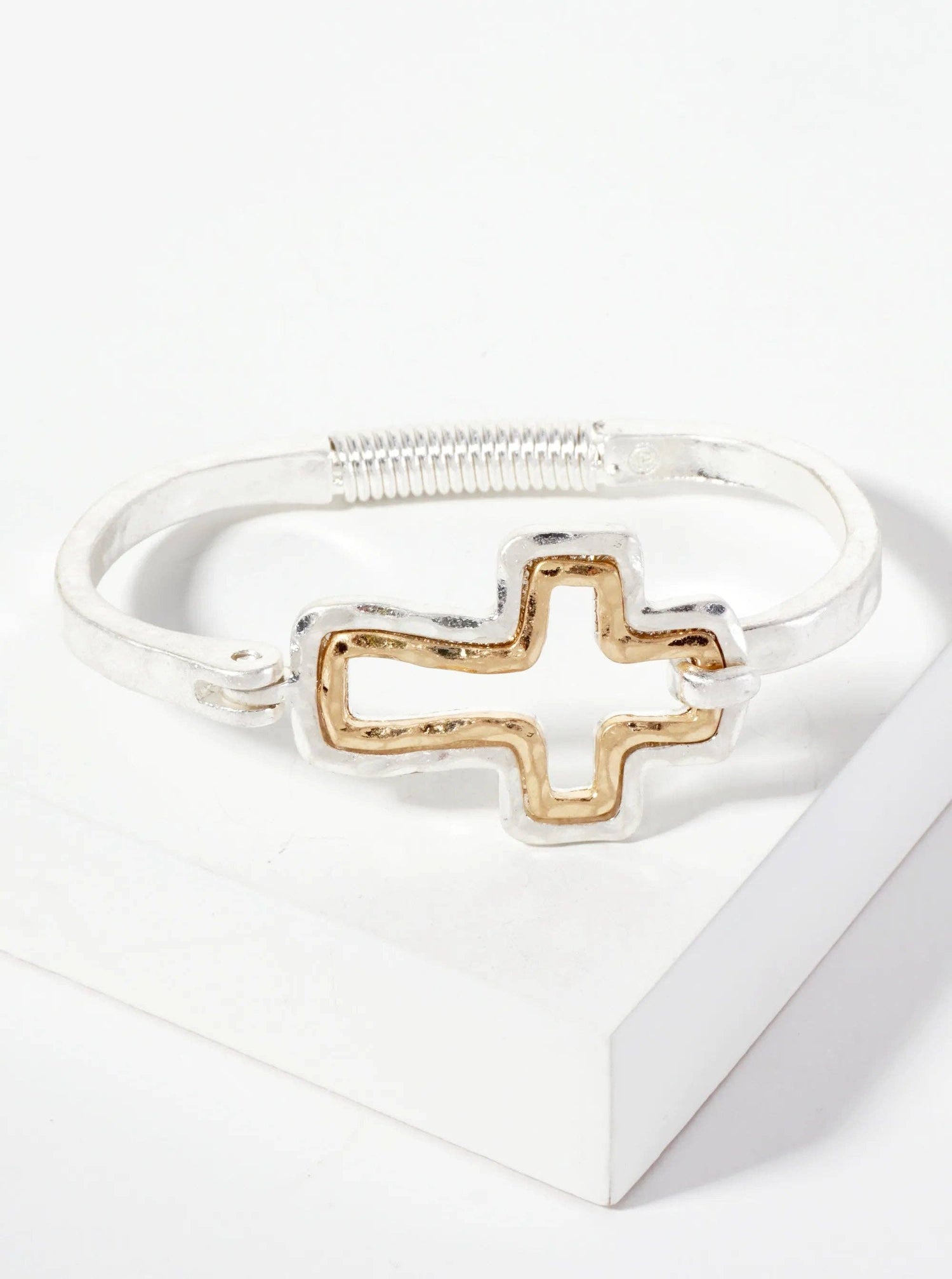 Hammered-Texture Metal Dual-Tone Cross-Shaped Hook-Clasp Hinged Bracelet
