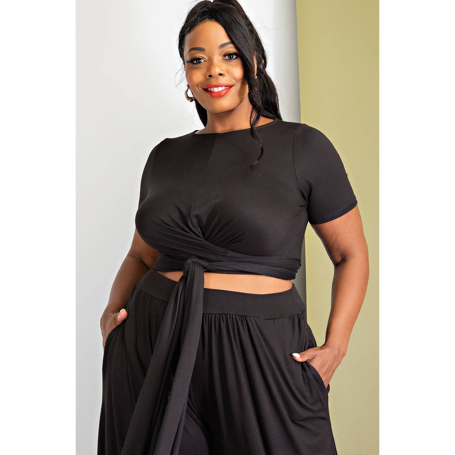 PLUS SIZE WRAP AROUND SHORT SLEEVE TOP N PANTS SET