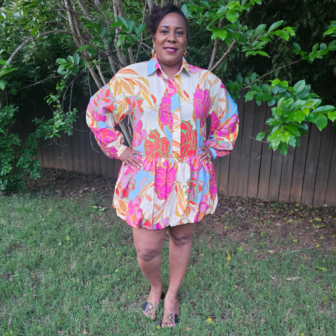 Floral L/S Bubble Skirt Mini Dress/Shirt