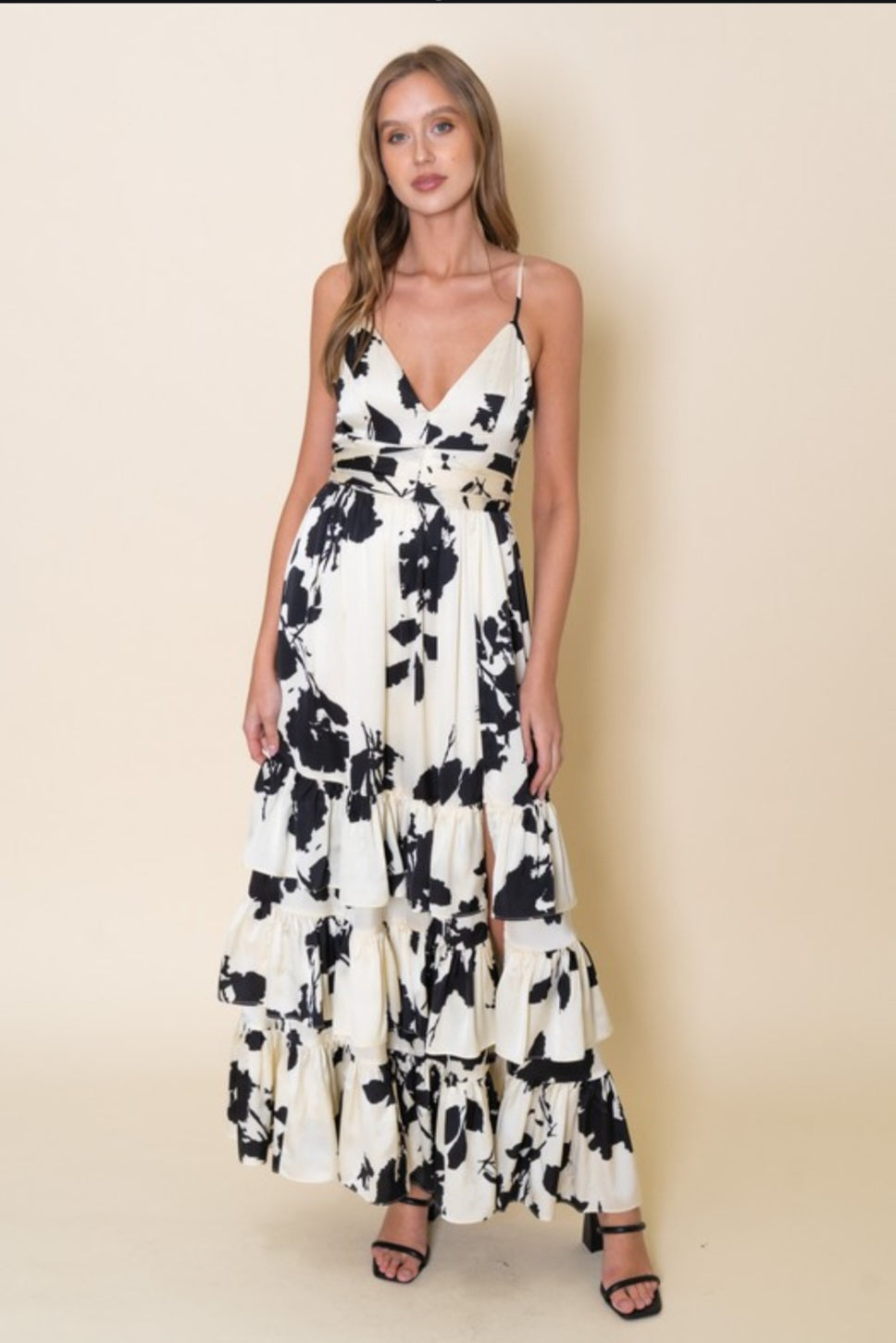 Floral Print Ivory &amp; Black Dress