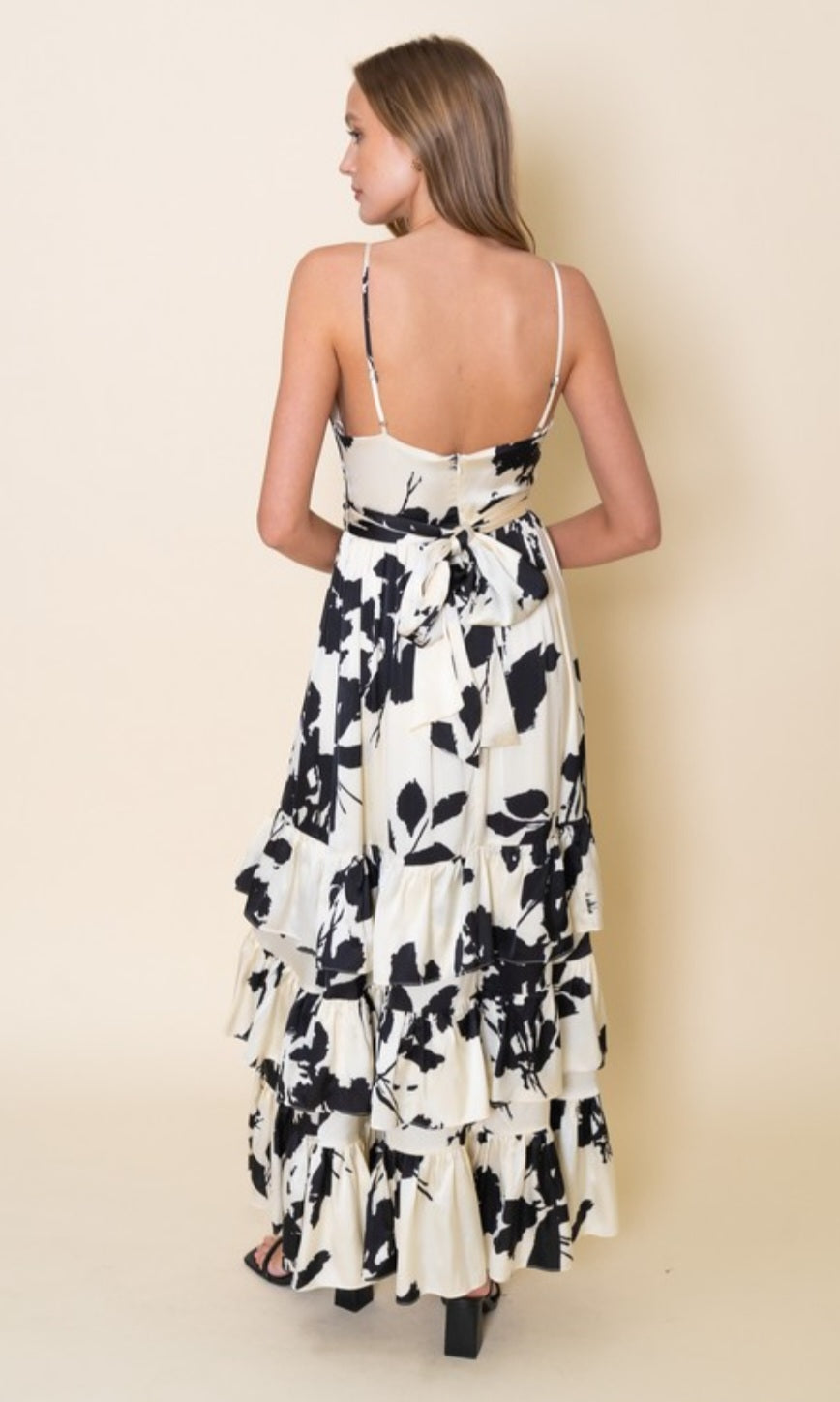Floral Print Ivory &amp; Black Dress