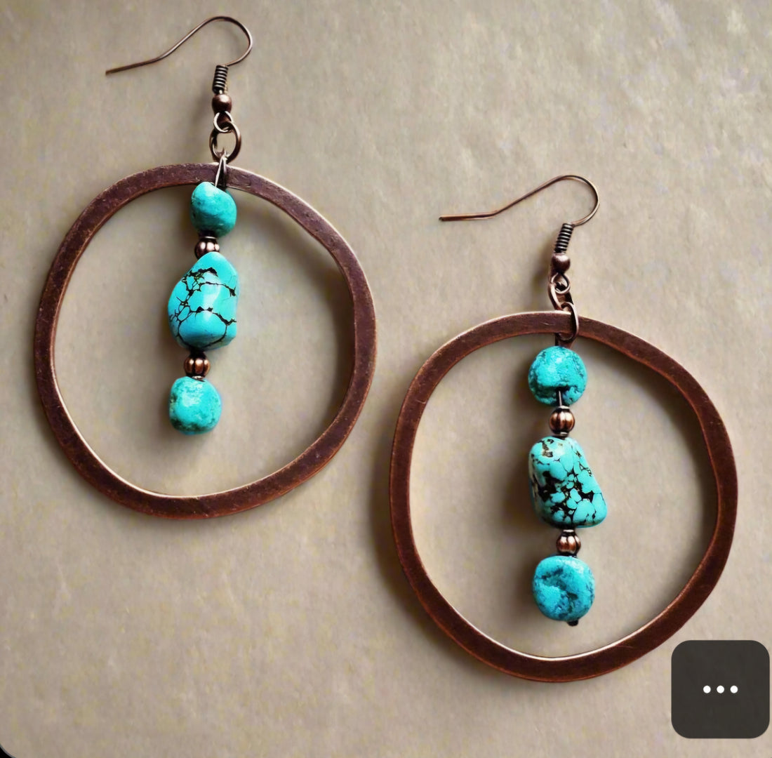 Copper Hoop Earrings with Blue Turquoise and Copper